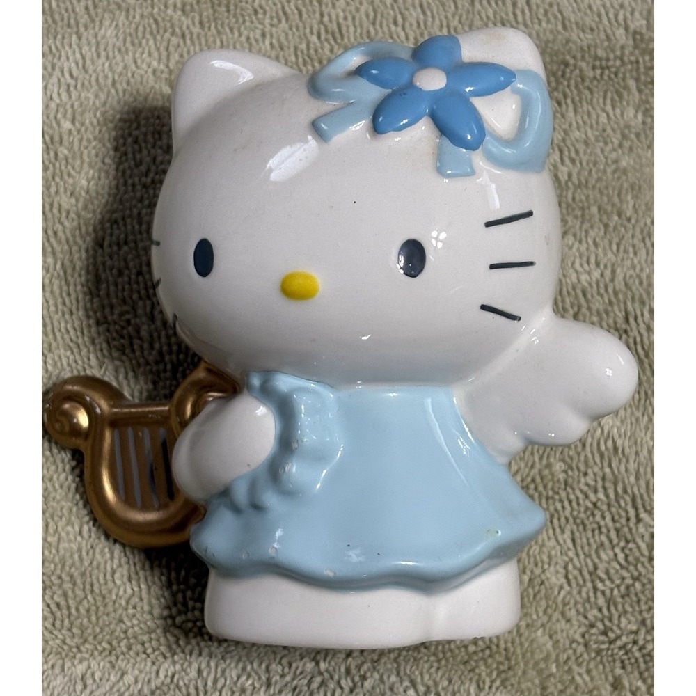 Sanrio Vintage Hello Kitty Blue Angel 5.0" Ceramic Piggy Coin Bank W/Harp White
